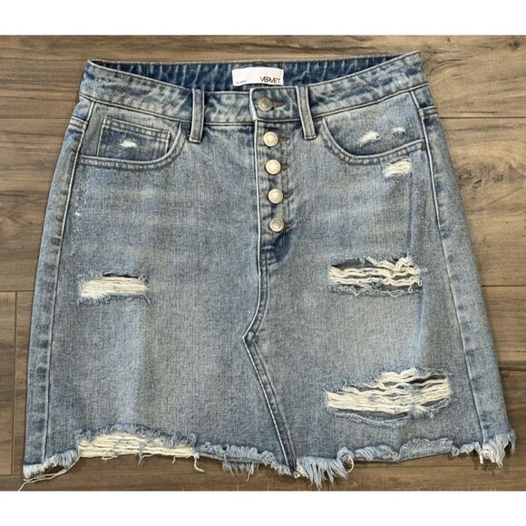 VERVET Medium Light Wash Cotton Denim Distressed Button Front Mini Jean Skirt - Picture 1 of 5